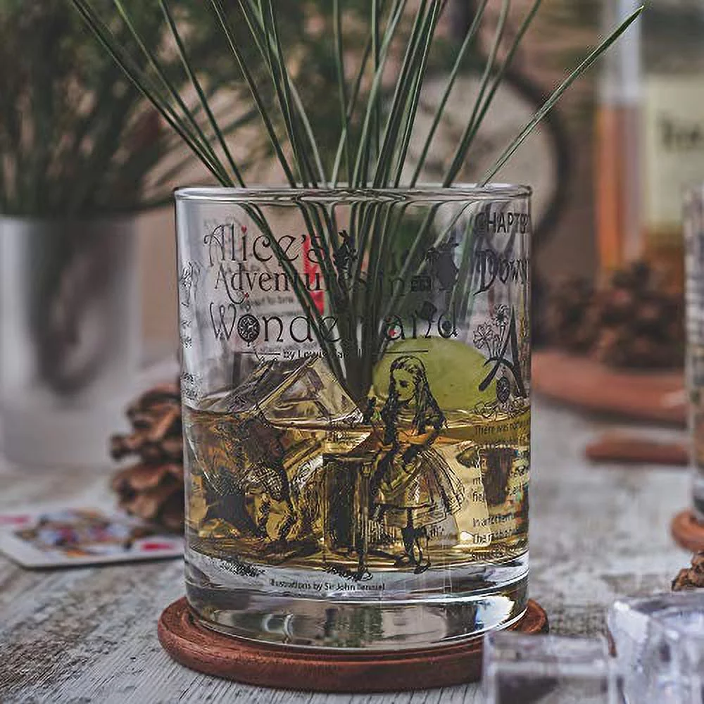 Alice in Wonderland Whiskey Glasses | Literature Rocks Glass with lewis carroll Book Images & Writing (Set of 2)