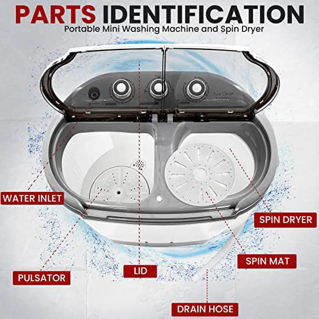 Pure Clean Compact Home Washer & Dryer, 2 in-1 Portable Mini Washing Machine.