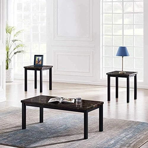 RUNFAYBIU Faux Marble Coffee Table Set of 3 Piece  Living Room Table Set Coffee Table & 2pcs End Table with Metal Frame Sofa Side Tables Perfect for Living Room Apartment Accent