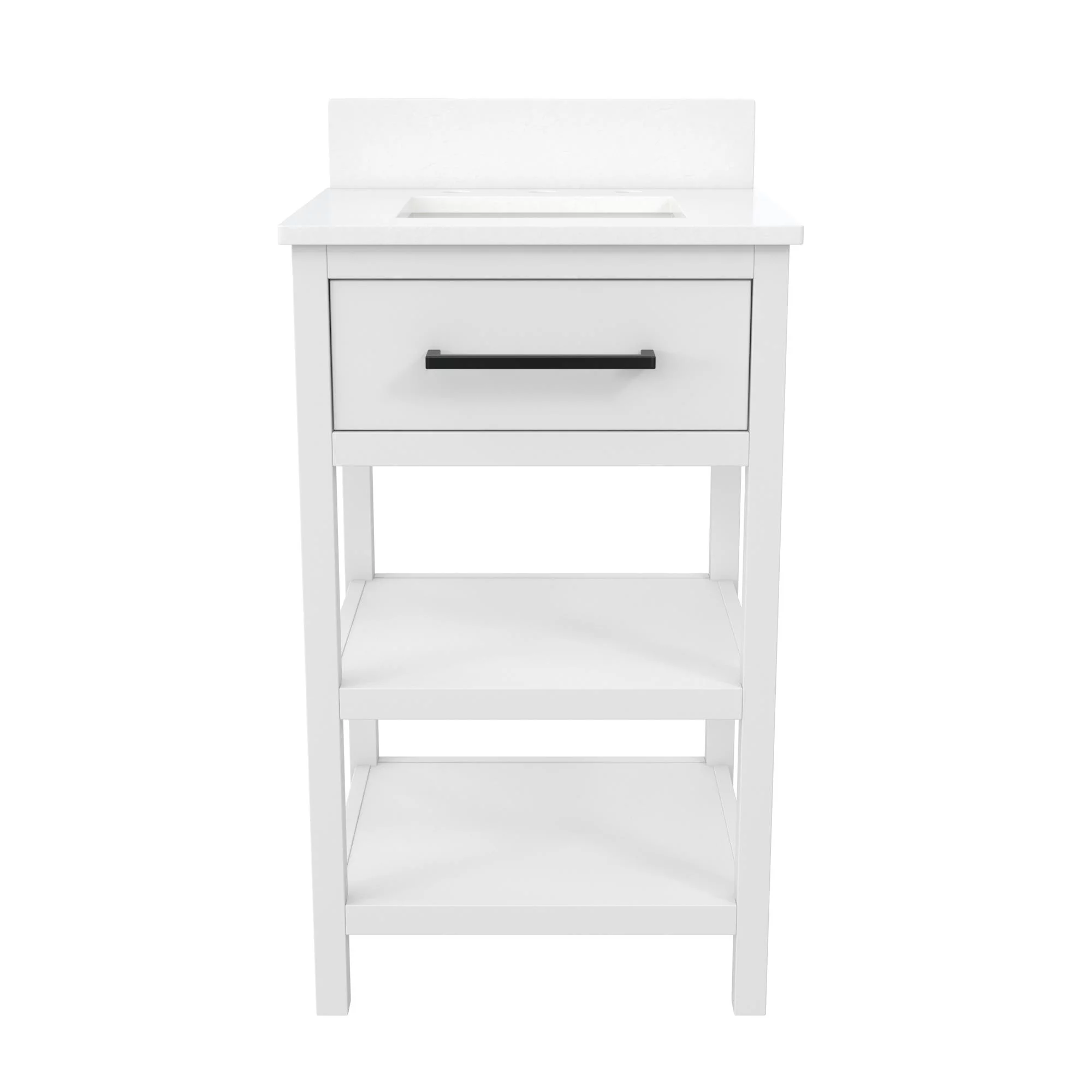 RealRooms Pisa 20 Inch Bathroom Vanity with Carrera Countertop & 2 Storage Shelves, White