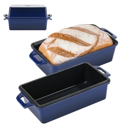 9x5 Inch Enameled Cast Iron Bread Loaf Pan with Lid, Perfect Sourdough Baking Pans | Even Heat Distribution for Homemade Bread, Cake, Meatloaf，2 Piece set，Red