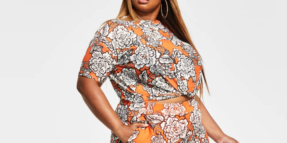 Nina Parker Trendy Plus Size Printed Mesh Pants Orange Size 0X