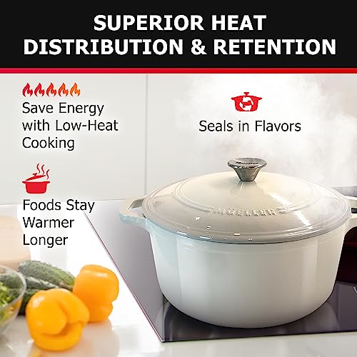 Mueller 6qt Enameled Cast Iron Dutch Oven, Heavy-Duty Casserole and Braiser Pan with Lid and Knob, Oven-Safe up to 500° F & Across All Cooktops, White