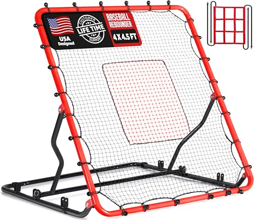 Baseball Rebounder Net, 3 Adjustable Angles 4x4.5FT Pitch Back Baseball Softball Volleyball Rebounder with 2 Strike Zones, UV Resistant, Pitchback Trainer for Ground, Line Drive & Fly Balls
