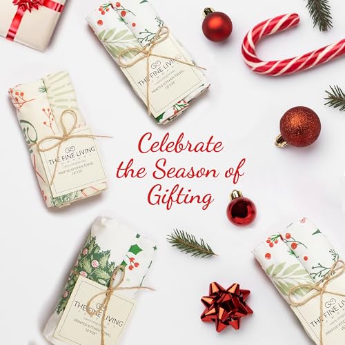 The Fine Living Co. 100% Cotton Merry Christmas Kitchen Towels, 18'x28' Set of 2 (Cherry Red & Green)