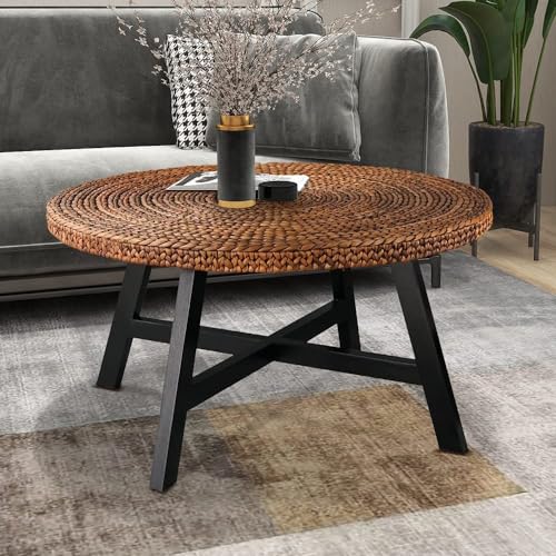 RANDEFURN Coffee Table Round, Seagrass Coffee Tables,Pine Wood X Base Frame Cocktail Table, Easy Assembled, Multiple Sizes for Living Room, Solid Wood Table,32 x 17 Inches,Natural