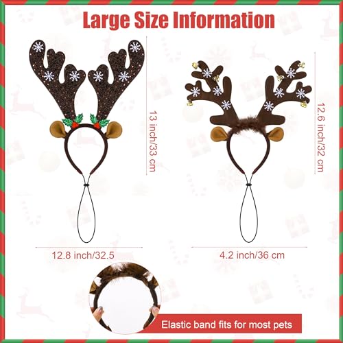 Apoway 2 Pack Large Christmas Pet Headbands Brown Reindeer Antlers Headbands Adjustable Xmas Hair Hoop Headwear Christmas Pet Costume Accessories for Dog Cat