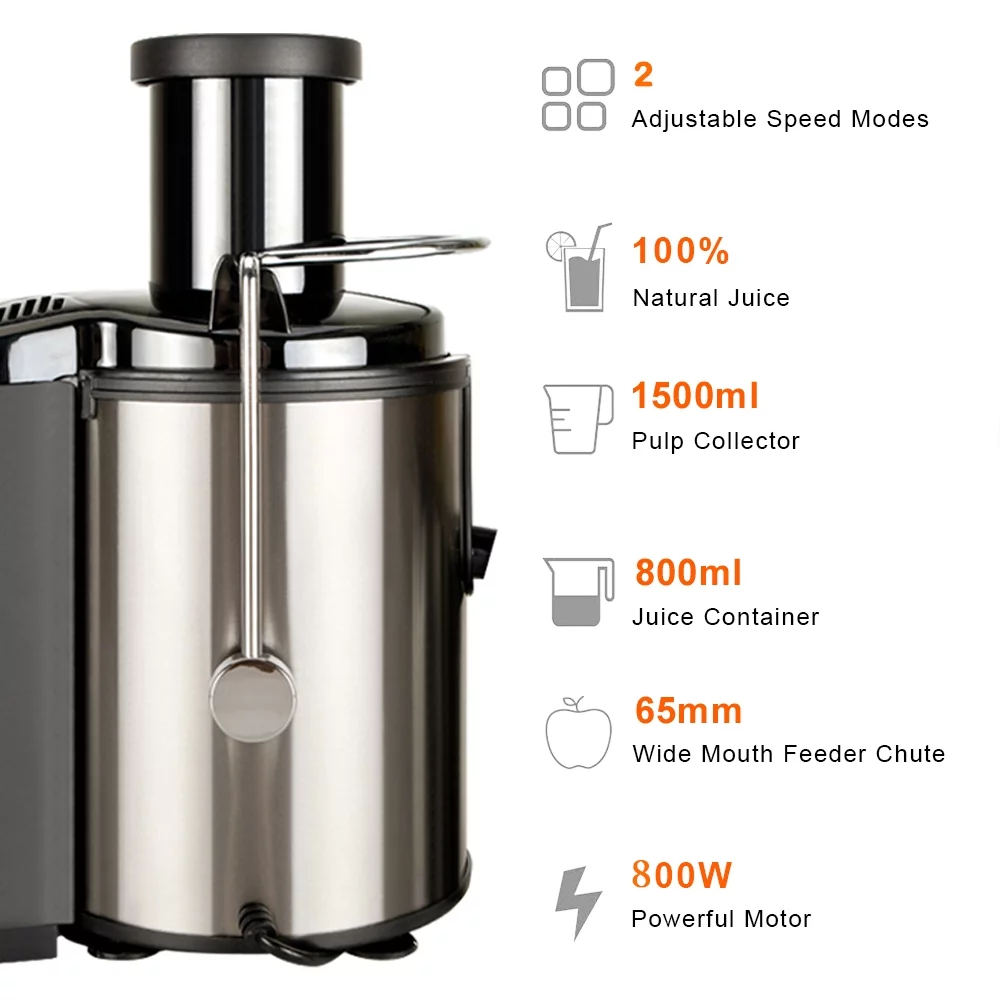 Xhy Electric Juicer with 2 speeds, Easy Clean, 65mm wide mouth, Stainless Steel (BPA Free), Black