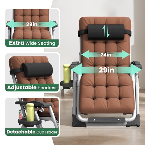 Oversized Zero Gravity Chair, XL lounge Chair 29” Width, Padded Reclining Camping Chair W/Removable Cushion & Adj Headrest, Storage Bag, Footrest Cushion, Cup Holder, For Indoor Outdoor, Brown