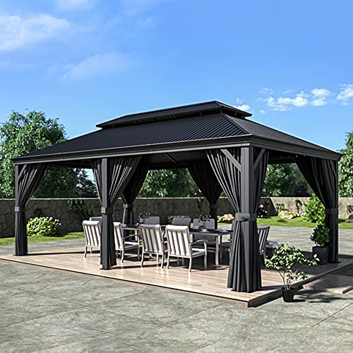 HAPPATIO 12' x 20' Hardtop Gazebo - Galvanized Steel Patio Double Roof Aluminum Gazebo with Curtains and Netting, Metal Permanent Pavilion Outdoor Gazebos for Patios, Gardens, and Lawns (Gray)