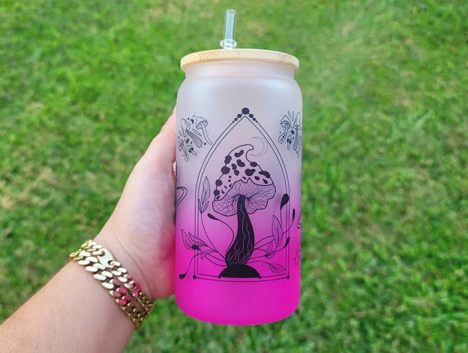 Mushroom Beer Can Glass | Boho Mushroom Coffee Glass | Aesthetic Coffee Glass | 16 oz