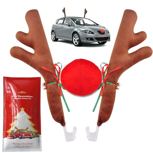 Upgraded Car Reindeer Antler Kit Christmas Rudolph Auto Decorations, Rudolph Auto Accessories with Tail, Nose - Add Holiday Spirit