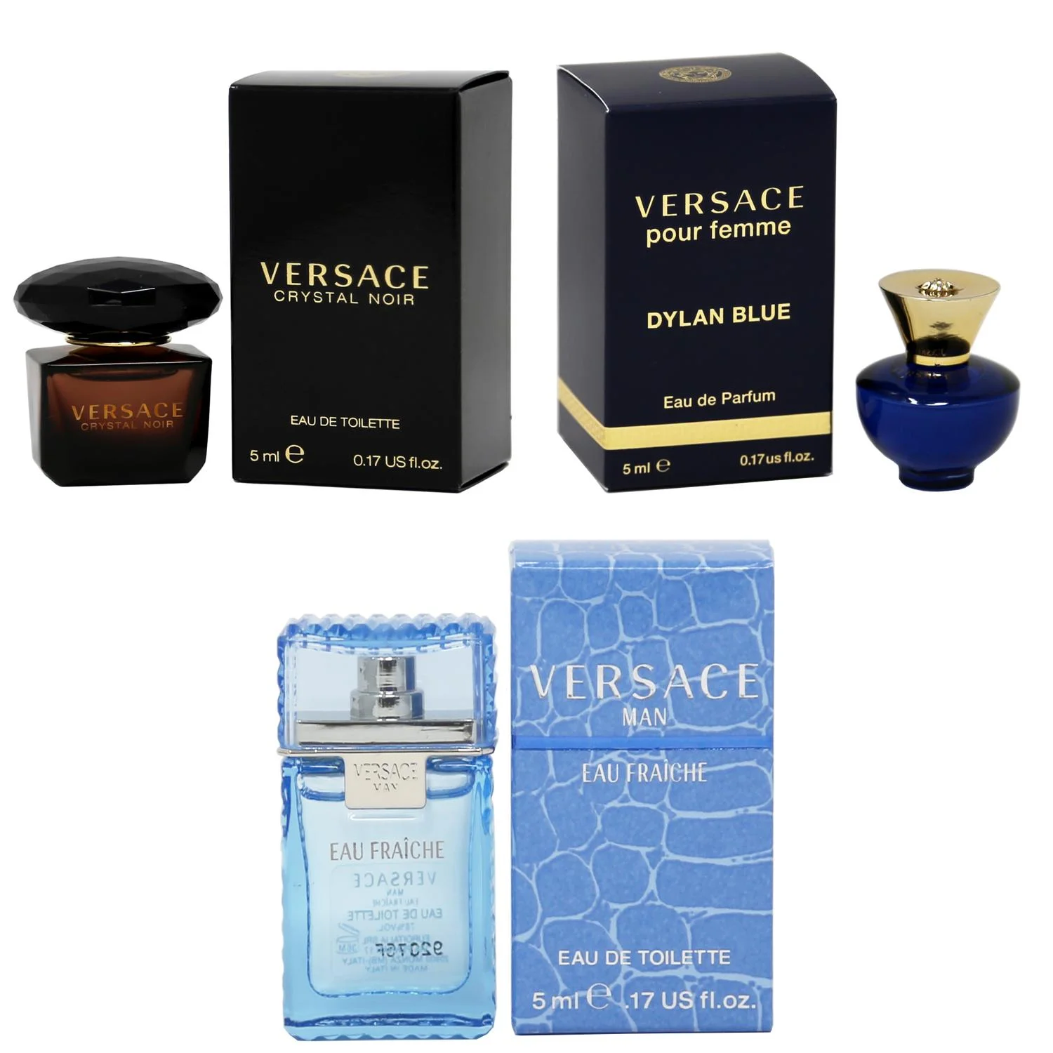 Versace Crystal Noir EDT, Dylan Blue Femme EDP, Man Eau Fraiche EDT - 5ml 3PK Kit