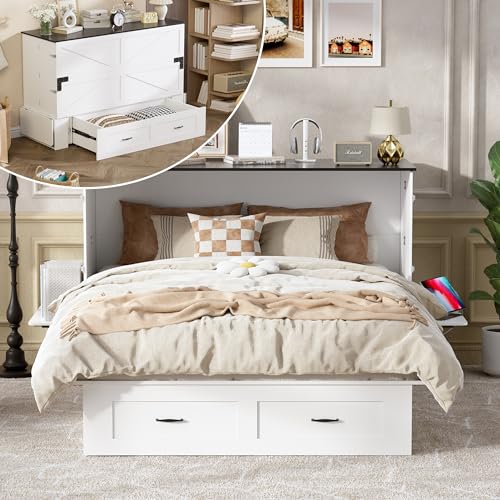 PAKASEPT Queen Murphy Bed - Murphy Cabinet with Storage & Charging Station, Farmhouse Bed Frame with Foldable Panel and Hidden Space, for Living Room, Guest Bedroom