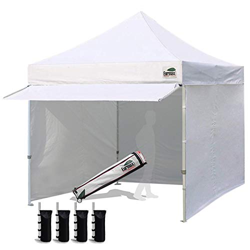 Eurmax USA 10 x 10 Pop up Canopy Commercial Tent Outdoor Party Canopies with 4 Removable Zippered Sidewalls and Roller Bag Bonus 4 Canopy Sand Bags & 24 Squre Ft Extended Awning(Black)
