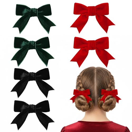 6Pcs Christmas Velvet Hair Bows Clip Velvet Bows Alligator Barrettes Knot Bows Hair Accessories for Girls Little Kids New Year Valentines (Dark green, red, black)