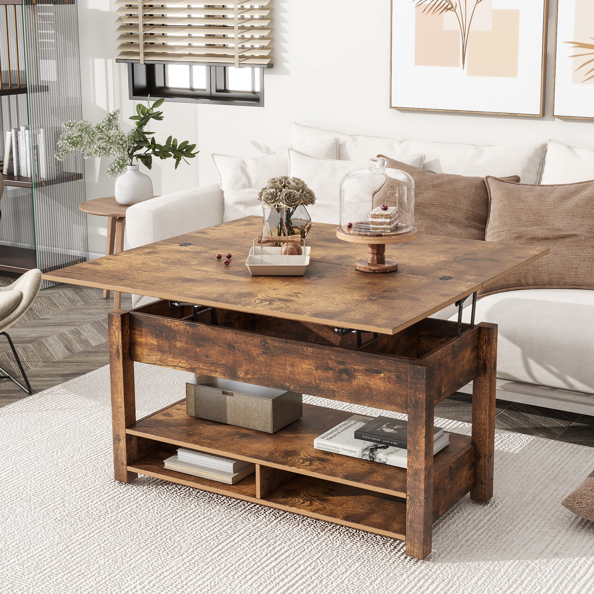 Smart FENDEE Lift Top Coffee Table with 3 Shelves,Wood Center Table, Living Room,41.7