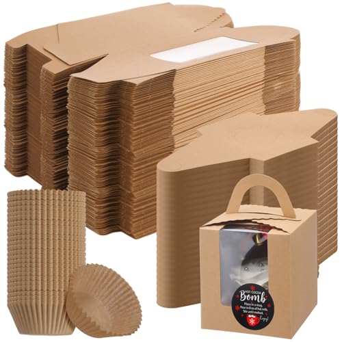 100 Set Christmas Hot Cocoa Bomb Packaging Kit Individual Christmas Cupcake Boxes with Window Insert Handle Muffin Pastry Containers Xmas Cupcake Cookie Gift Box
