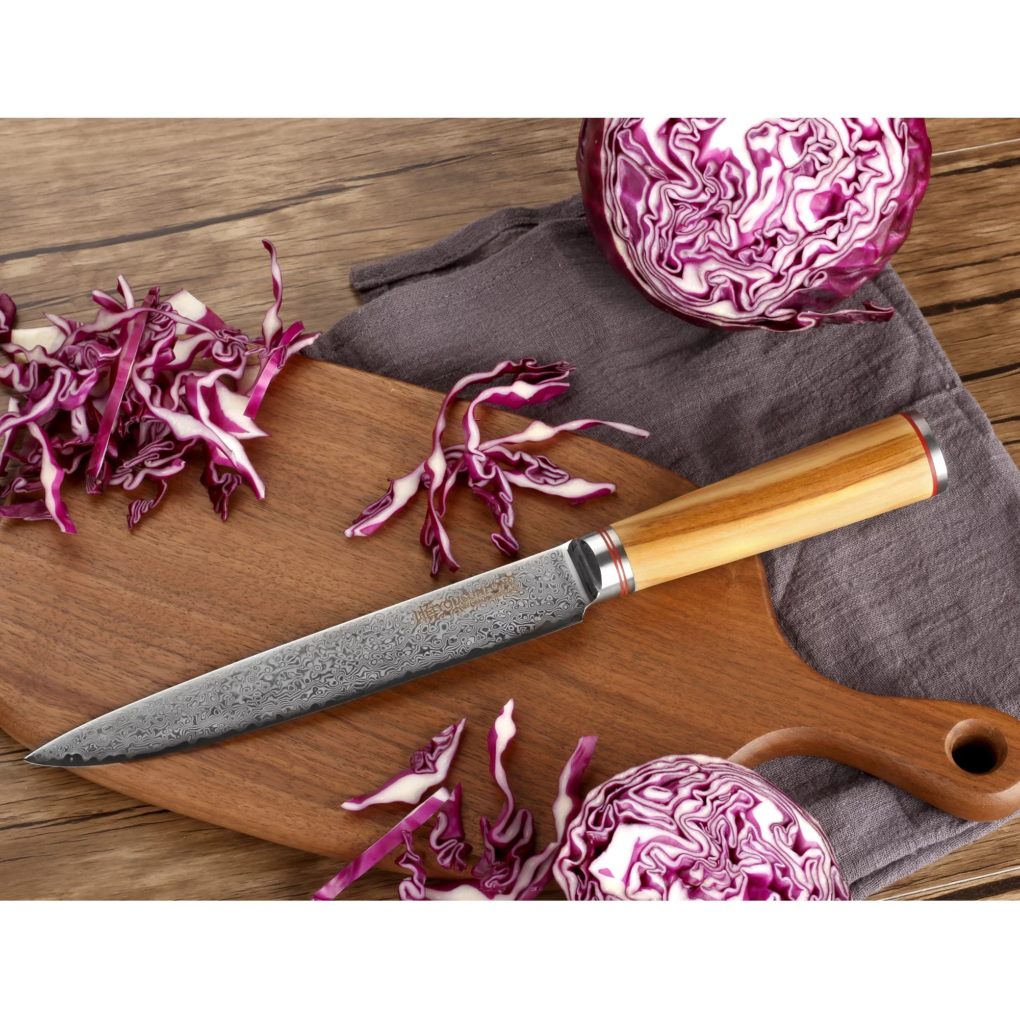 YOUSUNLONG Carving knife 8 Inch - Damascus Steel and Italian Olive Wood Fillet Knife