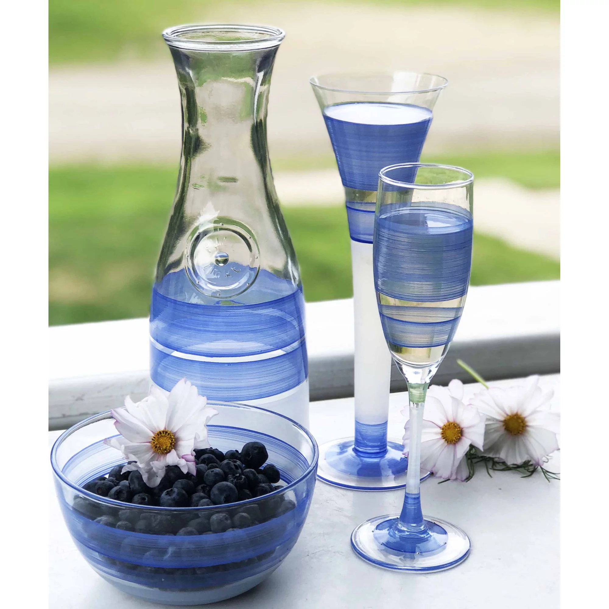 Golden Hill Studio Set of 2 Blue and Clear Retro Striped Wine Glasses 5.75 oz.