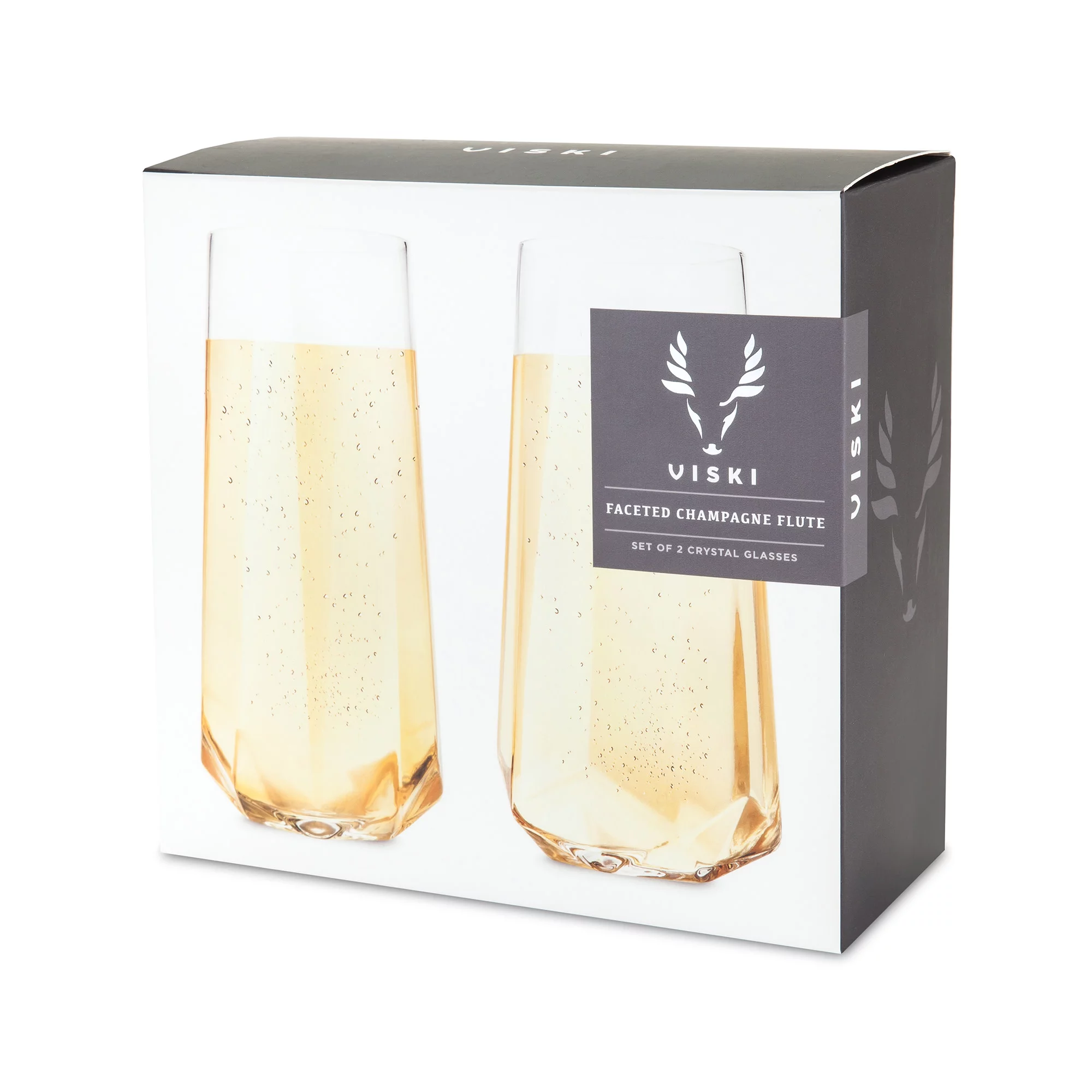 Viski Raye Faceted Crystal Champagne Flutes - Stemless Champagne Glass Gift Set