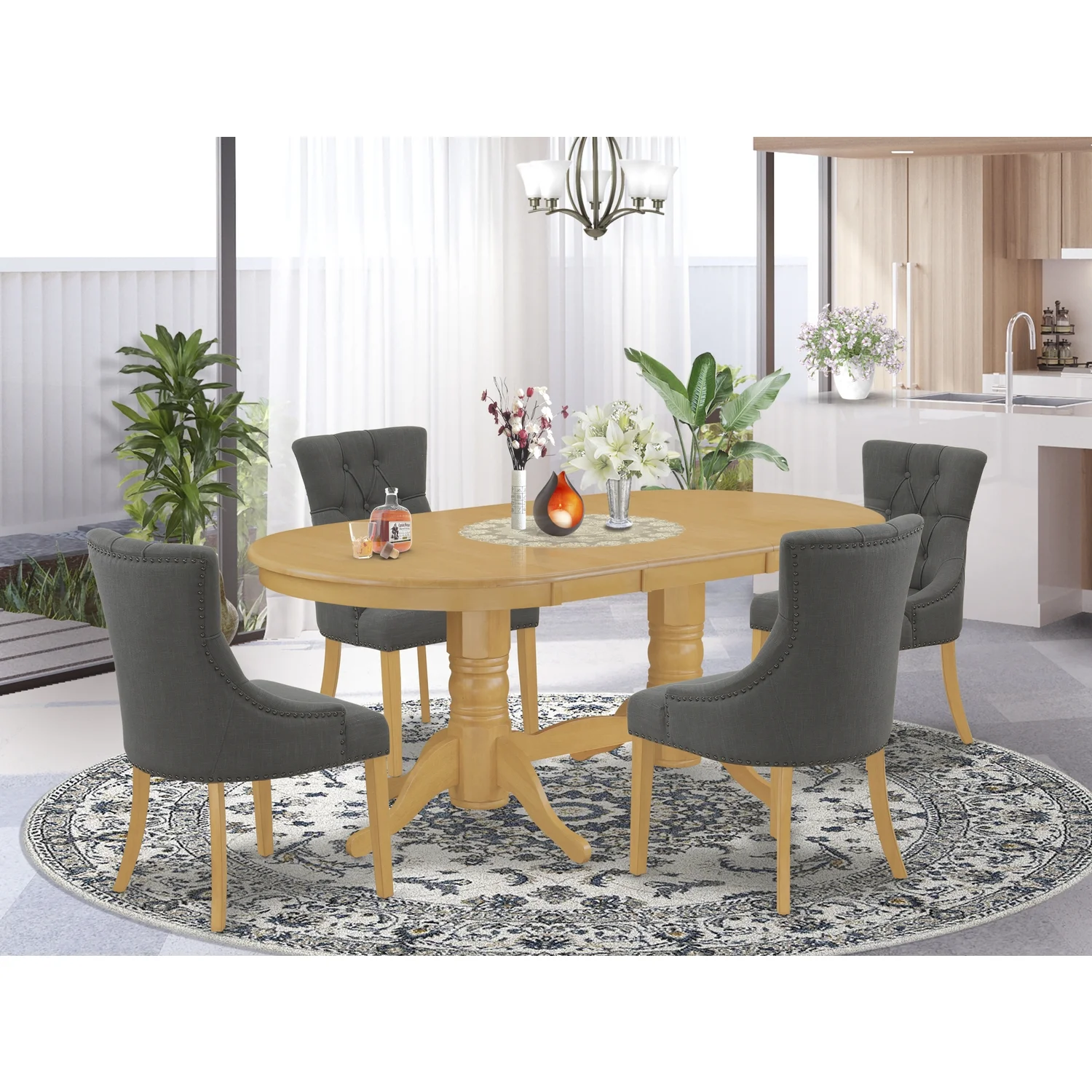 HomeStock Naturally Nice 5Pc Dining Set Includes An Oval Dining Table With Butterfly Leaf And Four Parson Chairs With Dark Gotham Grey Fabric, Oak Finish