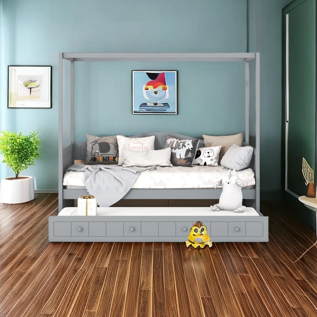 Canopy Bed, Twin Size Canopy Day Bed with Twin Size Trundle, Four-Poster Wood Platform Bed Frame with Strong Slat Support, Practical for Home, Trundle with Wheels, No Box Spring Needed