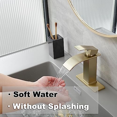 Vessel Sink Faucet Brushed Gold Waterfall Spout Faucet for Bathroom Sink Tall Single Handle One Hole Deck Mount Bowl Vanity Sink Taps with Pop-up Drain Stopper