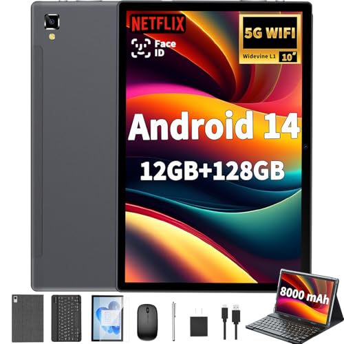 Android 14 Tablet with Keyboard - 10 inch Tablet, 12GB RAM, 128GB ROM (1TB Expand), 5G/2.4G WiFi, 8000mAh, BT 5.0, GMS Certified, with Mouse, Case, Stylus, Support Split screen, Face ID(Black)