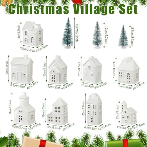 Leitee 22 Pcs Ceramic Christmas Village Set with Light Include 9 Lighted Village Houses 13 Christmas Trees for Xmas Scene Decor Winter Holiday Party Figurine Tabletop Decoration(White Roof)