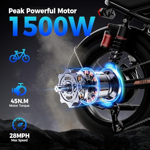 Electric Bike for Adults, 1500W 28MPH Max 55 Miles Electric Motorcycle with 48V Removable Battery, 16'' Fat Tire Full Suspension, All-Terrain for Mountains, Snow, Sand, Road