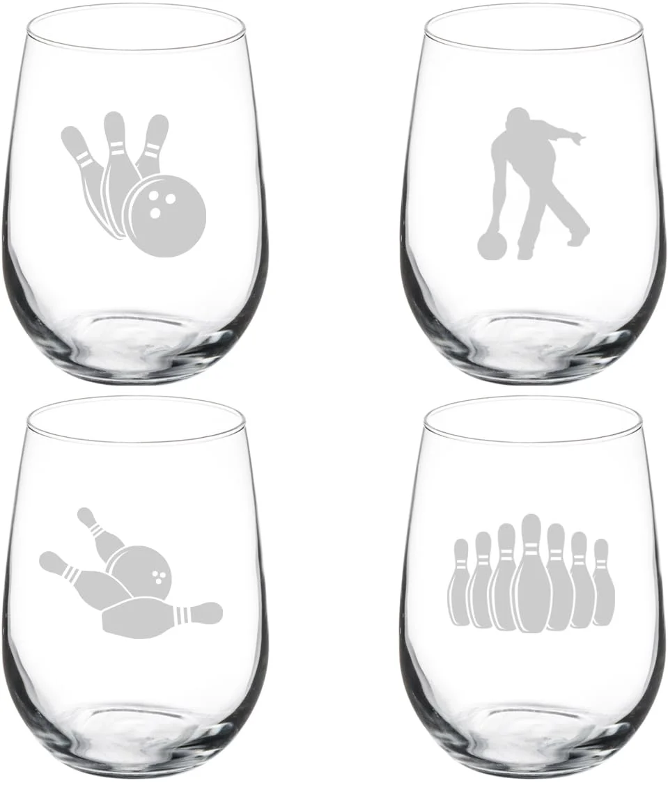 Set of 4 Wine Glass Gift Bowling Collection (17 oz Stemless)