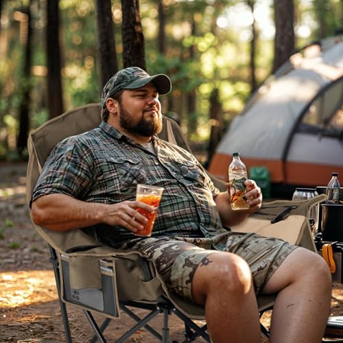 Overmont Oversized XL Camping Chair for Adults - 450lbs Support Heavy-Duty Padded Folding Chair with Side Pocket Cup Holder Cooling Bag for Outdoor Sports Garden Beach Fishing Lawn Black