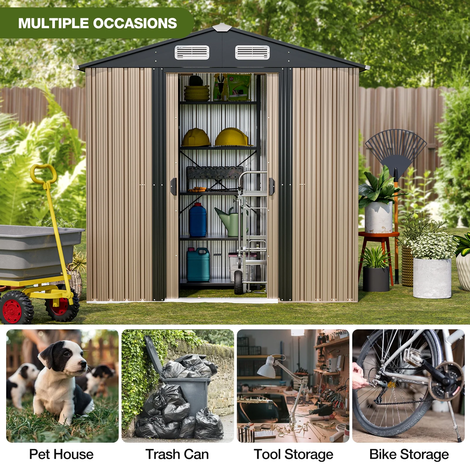 6 x 4 FT Outdoor Storage Shed, Metal Shed with Vents & Sliding Door for Gardening Tools Waterproof Thickened Galvanized Metal Storage Shed for Garden, Backyard, Lawn
