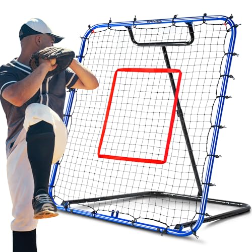 Baseball Rebounder Net 4 x 4.5 FT Baseball Training Equipment Baseball Bounce Back Net with 5 Ball Return Angles Softball Pitching Net Fly Ball Line Drive Ground Ball Training Net for Fielding