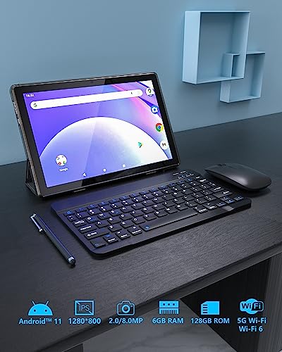 2 in1 Tablet with Keyboard Android Tablet 10 Inch Tablets, Include Mouse Case Stylus 5G-WiFi WiFi-6 128GB ROM+6GB RAM 10 in IPS 2MP+8MP Dual Camera 6000mAh Battery 10.1