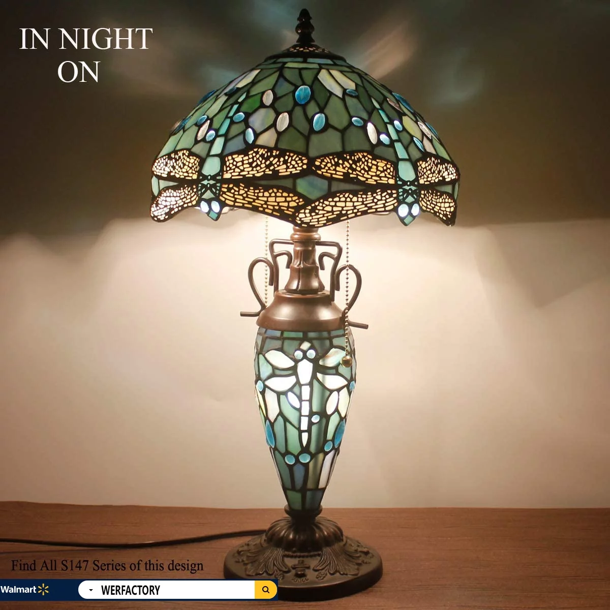 Rustic Tiffany Table Lamp with Nightlight Sea Blue Stained Glass Dragonfly Style Desk Light Vintage Base 22