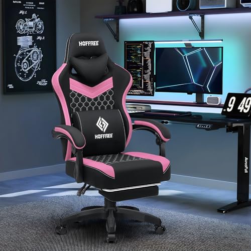 HOFFREE Gaming Chair Computer Chair Fabric with Pocket Spring Cushion Massage Game Chair with Footrest Ergonomic Gamer Chair with Lumbar Support Reclining Gaming Chairs for Adults Green and White