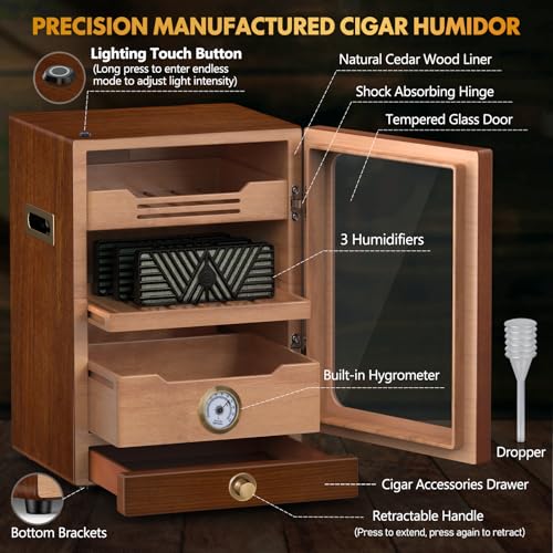 Cigar Humidor, Desktop Cigar Humidor Cabinet Light Control System with Spanish Cedar Wood Shelves, Hygrometer, 3 Humidifiers and Cigar Accessories Drawer, Father's Day Gift for Men (Black)
