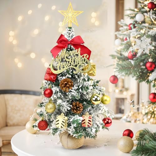 24 Inch Classic Green Tabletop Christmas Tree with LED Lights & Ornaments, Artificial Mini Desktop Xmas Tree with Sturdy Fabric Base for DIY Holiday Decor