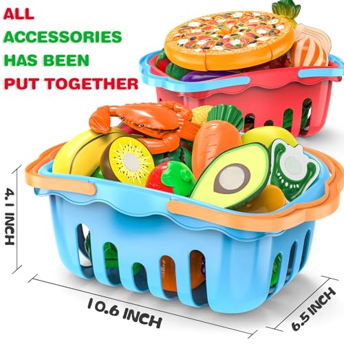 120 Pcs Cutting Play Food Toy for Multiple Kids with 2 Colors Storage Baskets, Kitchen Pretend Food Set for Toddler, Kitchen Toys Accessories, Fake Food/Fruit/Vegetable, Birthday Gifts for Boy Girl