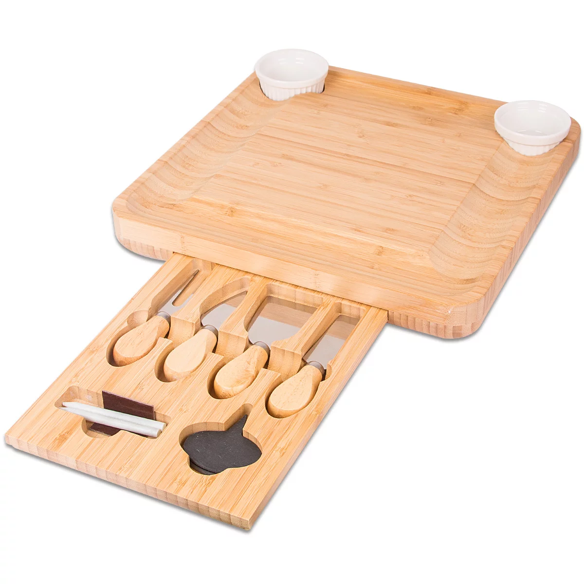 Cheese Board Gifts Set: Bamboo Large Charcuterie Boards, 4 Stainless Steel Cheese Knife & Serving Tray - Mothers Day Gift, Wedding Gifts, Housewarming Gift, Birthday Gifts