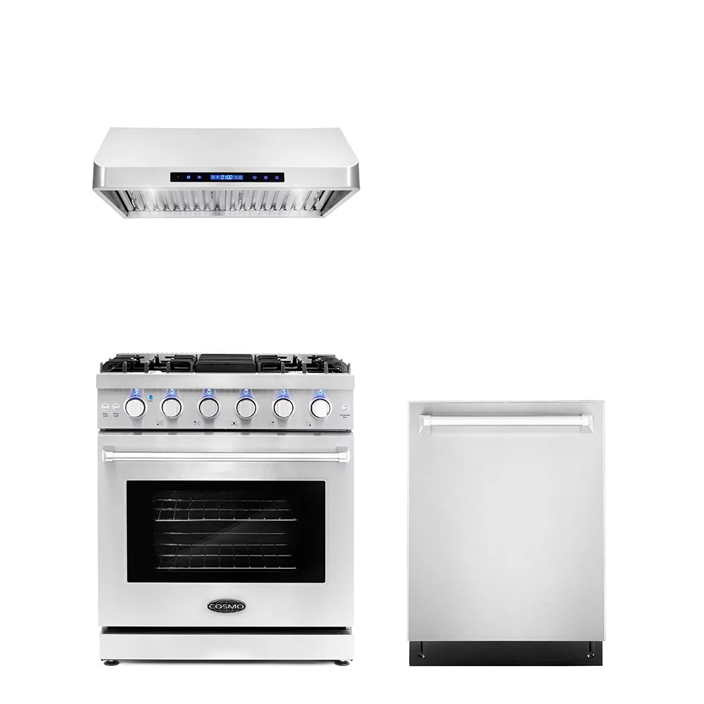 Cosmo 3 Piece Kitchen Appliance Packages with 30" Freestanding Gas Range Kitchen Stove 30" Under Cabinet Range Hood & 24" Built-in Fully Integrated Dishwasher Kitchen Appliance Bundles
