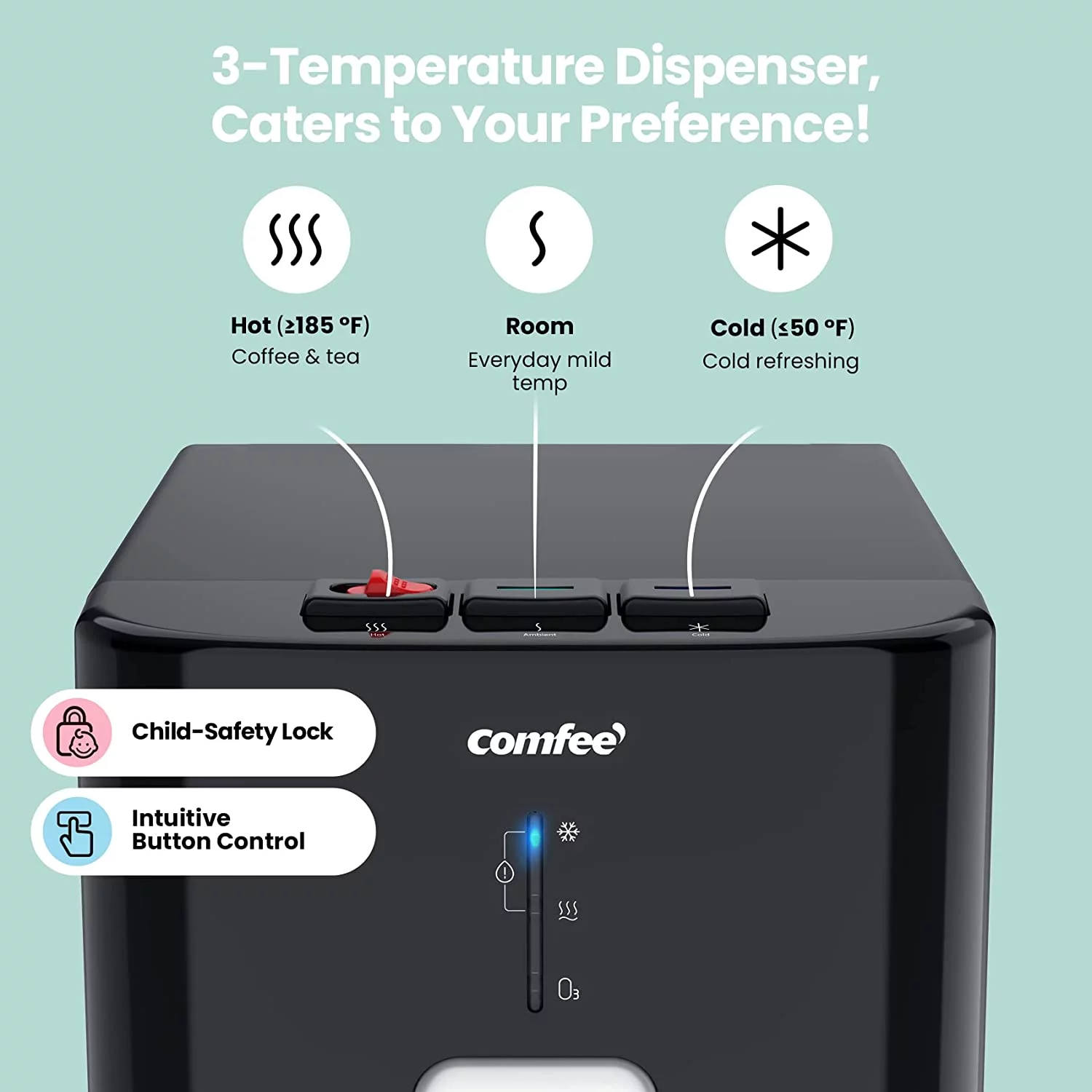 Comfee Bottom Loading Water Dispenser Quick Cooling Water Cooler with 3 Temperature Settings , O-zone self-cleaning,  Safety Child Lock