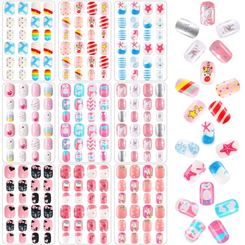 Christmas Kids Press on Nails,216Pcs 9 Pack Christmas Girls Press on Nails Full Cover Short False Stick on Nail Tips for Kids Nail Art Decoration Christmas Party Favors Gift