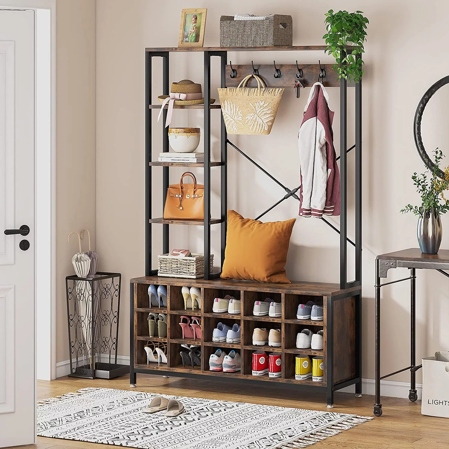 Tribesigns Entryway Hall Tree with Bench and Shoe Storage Bench with Coat Rack with Storage Shelves, Industrial Mudroom Bench with Shoe Storage and Coat Rack Hooks, Furniture for Hallway, Bedroom