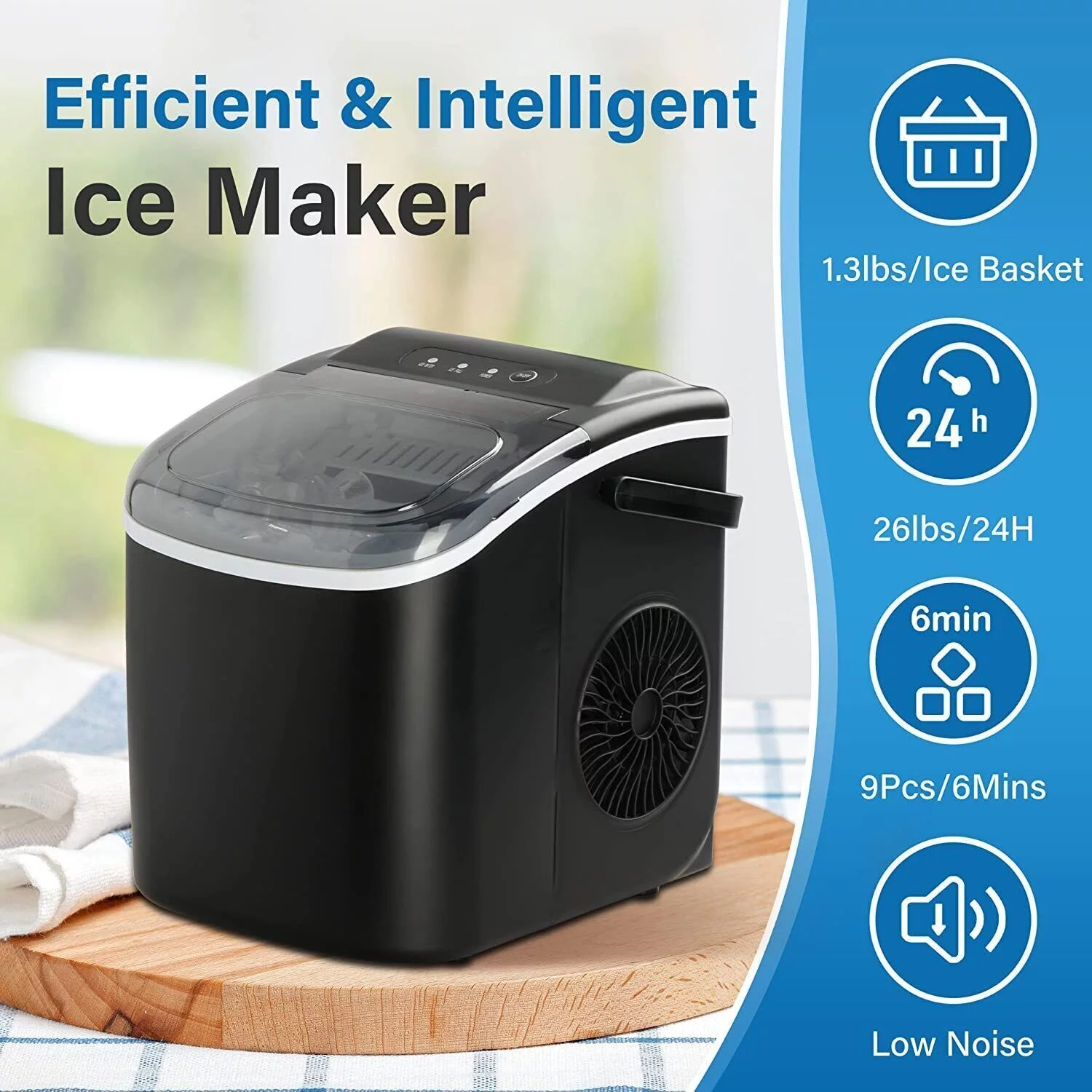 Portable Ice Maker Machine for Countertop, DFITO 26lbs Ice/24Hrs, 9 Ice Cubes Ready in 6 Mins,Self-Clean Ice Machine with Scoop and Basket, 13.7lbs, for Home Kitchen Office Bar Party, Black