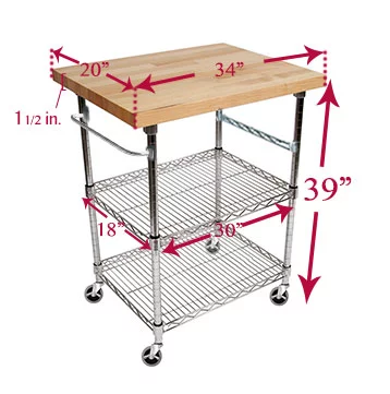 3 Tier Gourmet Cart with 20" Deep x 34" Wide Maple Butcher Block Top