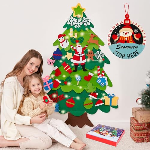 Onekka DIY Felt Christmas Tree Set with 32pcs Ornaments for Kids, Xmas Gifts, Wall Hanging Toddler Christmas Tree with String Light(Without Battery)
