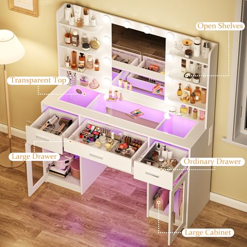 HUAHUUU Vanity Desk, Makeup Vanity Desk with Mirror and Lights 3 Colors, Transparent Top with 3 RGB Drawers, 6 Shelves, 2 Large Tempered Cabinets, Power Outlet, for Bedroom, White
